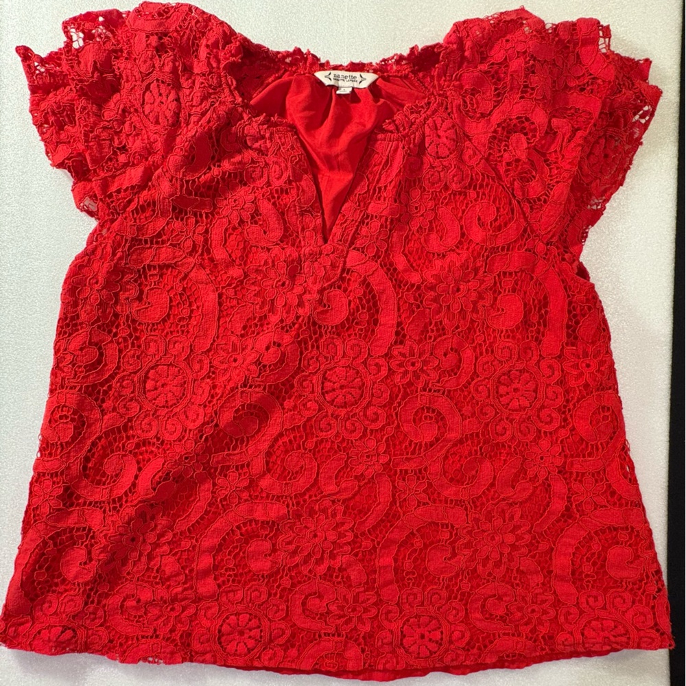 Are you ready for summer? Nannette Lepore Vibrant Red Lace Blouse. Size L.